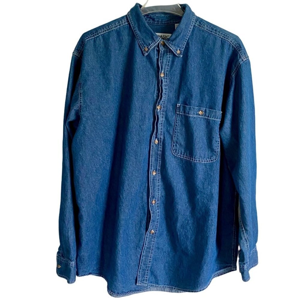 Basic Editions Men's Cotton Denim Long Sleeve Button Down Shirt Large